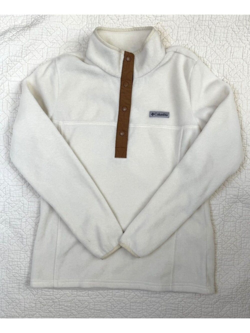 Columbia Fleece Pullover Benton Chalk Tan White 1/4 Snap S Preppy Cozy comfy Fit